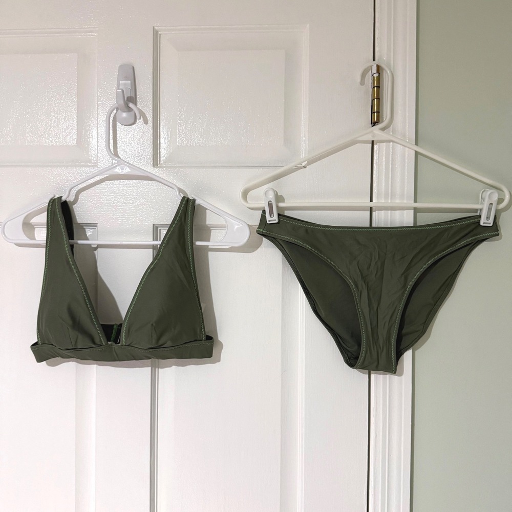 Aerie Real Good Olive Green Triangle Bikini Set Contrast Stitch Small